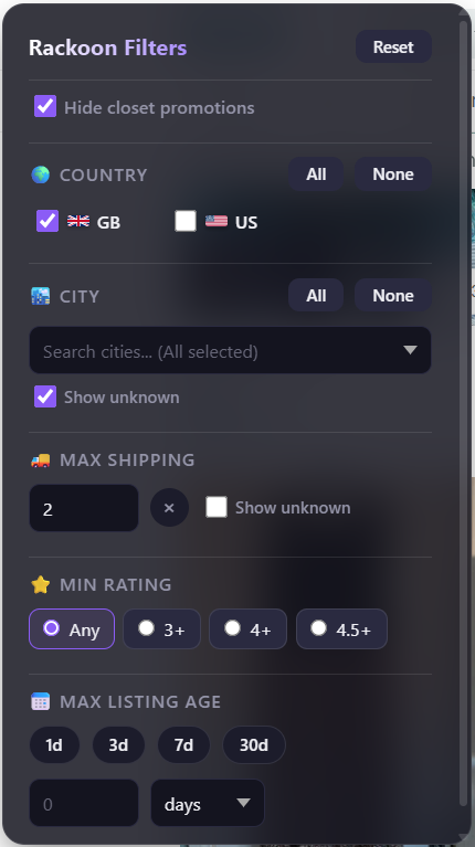 Rackoon filter panel open on a Vinted catalog page with country, shipping, rating, and age filters